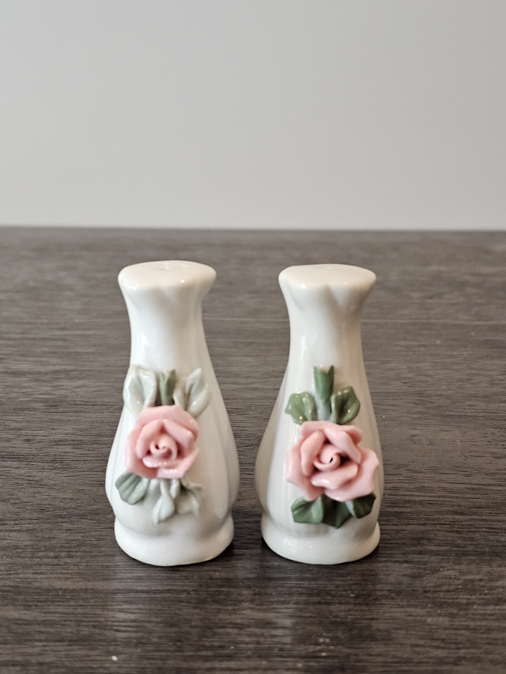 White Ceramic Salt and Pepper Shakers with Pink Rose Accent